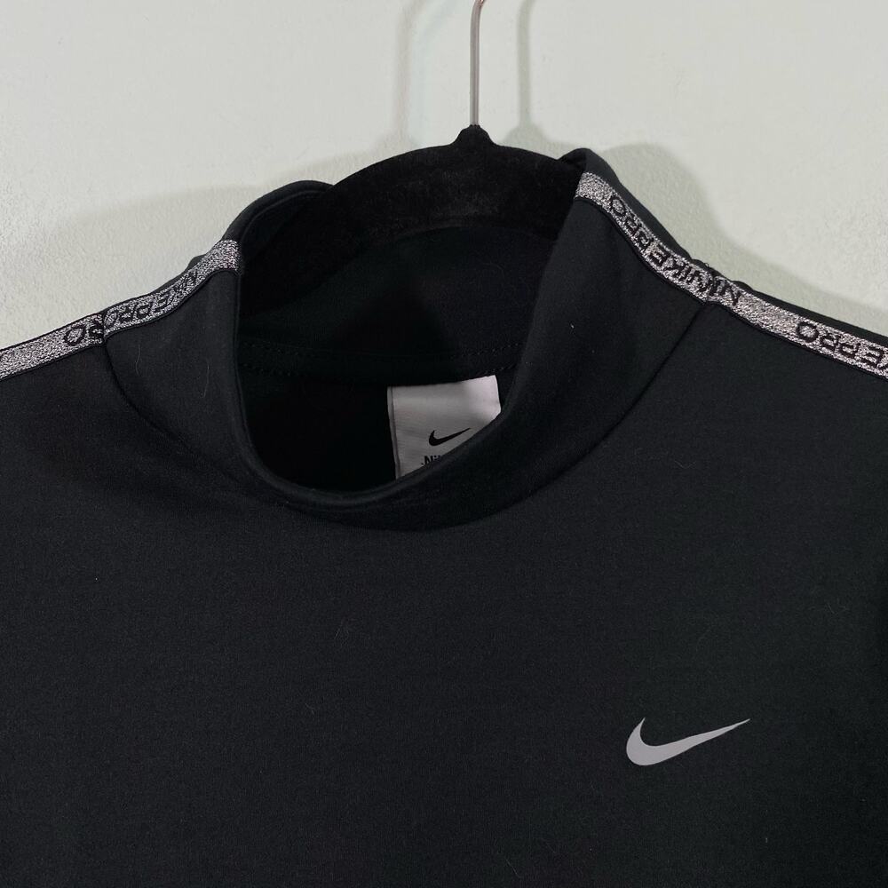 Nike Pro Women's Black Silver Glitter Tape Mock Neck Therma Fit Top Size S View 5